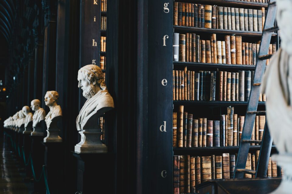 image may contain a library with statues